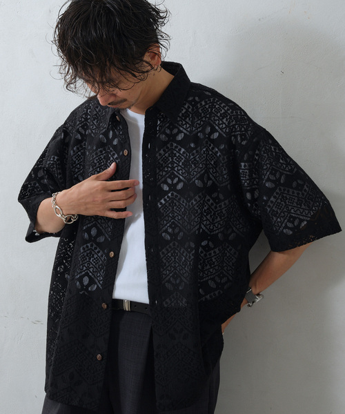 JOURNAL STANDARD relume（ジャーナルスタンダード　レリューム）の「アラベスクレース ウェーブレギュラーカラー半袖シャツ（シャツ/ブラウス・メンズ・ライトグリーン/ブラック/ブラウン系その他・MEDIUM/LARGE）」の19枚目の写真