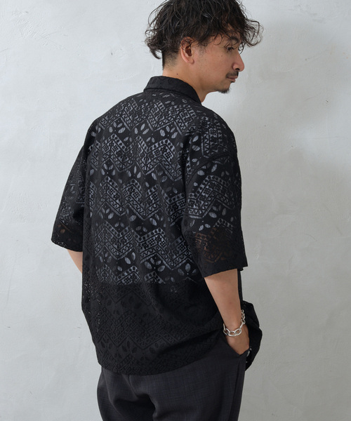 JOURNAL STANDARD relume（ジャーナルスタンダード　レリューム）の「アラベスクレース ウェーブレギュラーカラー半袖シャツ（シャツ/ブラウス・メンズ・ライトグリーン/ブラック/ブラウン系その他・MEDIUM/LARGE）」の14枚目の写真