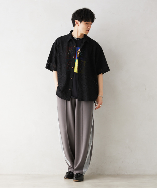 JOURNAL STANDARD relume（ジャーナルスタンダード　レリューム）の「アラベスクレース ウェーブレギュラーカラー半袖シャツ（シャツ/ブラウス・メンズ・ライトグリーン/ブラック/ブラウン系その他・MEDIUM/LARGE）」の12枚目の写真