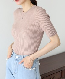 切替デザイン半袖リブニット