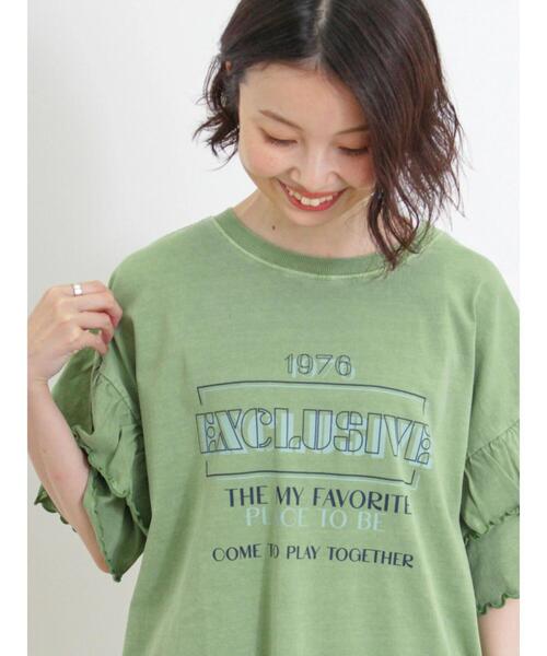 Samansa Mos2（サマンサ モスモス）の「ピグメント加工袖フリルロゴTシャツ（Tシャツ/カットソー・レディース・グリーン/イエロー/ベージュ/チャコールグレー・F）」の4枚目の写真