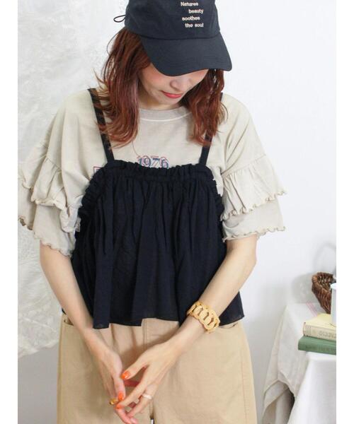 Samansa Mos2（サマンサ モスモス）の「ピグメント加工袖フリルロゴTシャツ（Tシャツ/カットソー・レディース・グリーン/イエロー/ベージュ/チャコールグレー・F）」の5枚目の写真