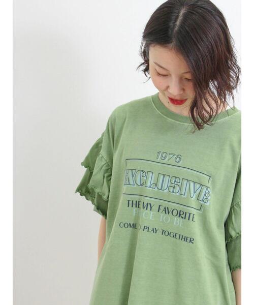 Samansa Mos2（サマンサ モスモス）の「ピグメント加工袖フリルロゴTシャツ（Tシャツ/カットソー・レディース・グリーン/イエロー/ベージュ/チャコールグレー・F）」の8枚目の写真