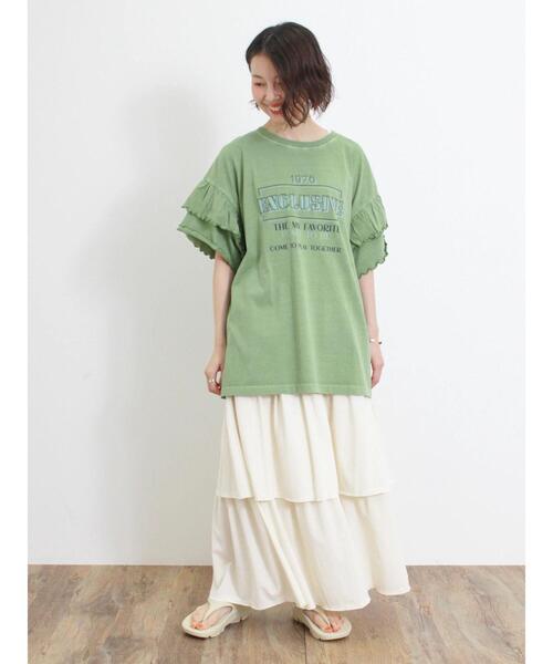 Samansa Mos2（サマンサ モスモス）の「ピグメント加工袖フリルロゴTシャツ（Tシャツ/カットソー・レディース・グリーン/イエロー/ベージュ/チャコールグレー・F）」の10枚目の写真