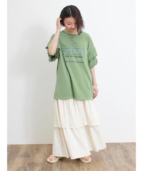 Samansa Mos2（サマンサ モスモス）の「ピグメント加工袖フリルロゴTシャツ（Tシャツ/カットソー・レディース・グリーン/イエロー/ベージュ/チャコールグレー・F）」の11枚目の写真