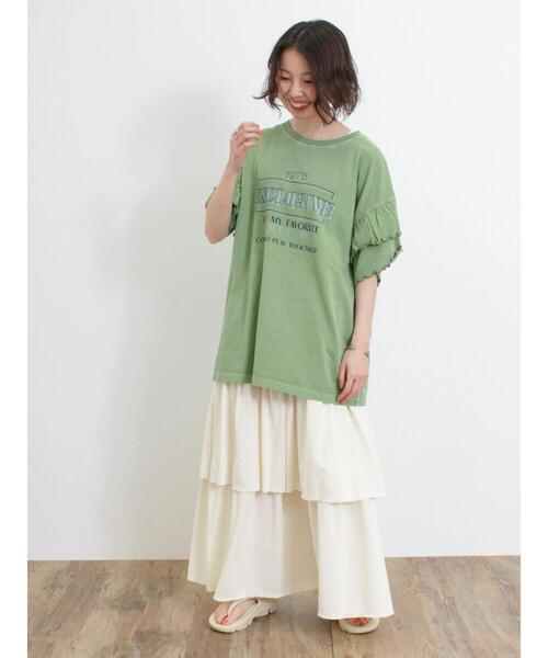 Samansa Mos2（サマンサ モスモス）の「ピグメント加工袖フリルロゴTシャツ（Tシャツ/カットソー・レディース・グリーン/イエロー/ベージュ/チャコールグレー・F）」の12枚目の写真