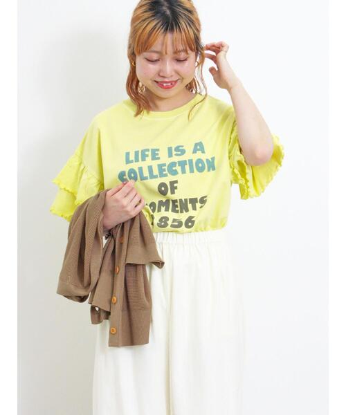 Samansa Mos2（サマンサ モスモス）の「ピグメント加工袖フリルロゴTシャツ（Tシャツ/カットソー・レディース・グリーン/イエロー/ベージュ/チャコールグレー・F）」の14枚目の写真