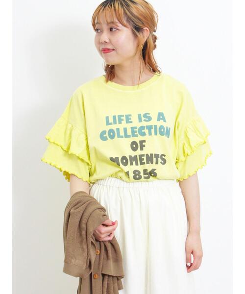Samansa Mos2（サマンサ モスモス）の「ピグメント加工袖フリルロゴTシャツ（Tシャツ/カットソー・レディース・グリーン/イエロー/ベージュ/チャコールグレー・F）」の15枚目の写真
