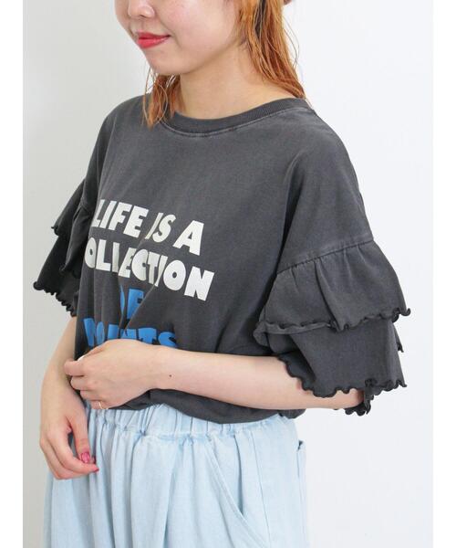 Samansa Mos2（サマンサ モスモス）の「ピグメント加工袖フリルロゴTシャツ（Tシャツ/カットソー・レディース・グリーン/イエロー/ベージュ/チャコールグレー・F）」の19枚目の写真