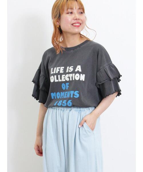 Samansa Mos2（サマンサ モスモス）の「ピグメント加工袖フリルロゴTシャツ（Tシャツ/カットソー・レディース・グリーン/イエロー/ベージュ/チャコールグレー・F）」の20枚目の写真