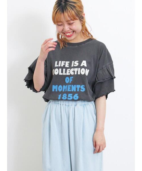 Samansa Mos2（サマンサ モスモス）の「ピグメント加工袖フリルロゴTシャツ（Tシャツ/カットソー・レディース・グリーン/イエロー/ベージュ/チャコールグレー・F）」の21枚目の写真