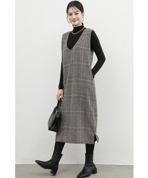 ワンピース ロングワンピース ロング丈 ミディアムワンピース ミディアム Vネック グレンチェック レディース 秋 冬 スリット かわいい