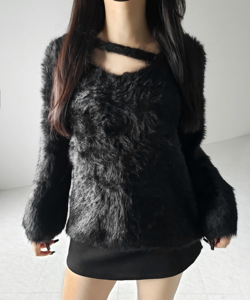 me+em select(ミームセレクト)の「※※【 3color 】ナナメストラップカットアウトシャギーニット / naname strap cutout shaggy knit(ニット/セーター・レディース・アイボリー/ブラック/グレー・FREE)」の1枚目の写真