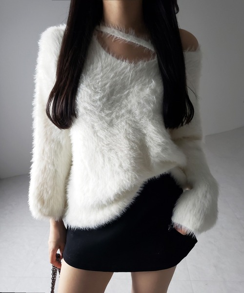 me+em select(ミームセレクト)の「※※【 3color 】ナナメストラップカットアウトシャギーニット / naname strap cutout shaggy knit(ニット/セーター・レディース・アイボリー/ブラック/グレー・FREE)」の6枚目の写真