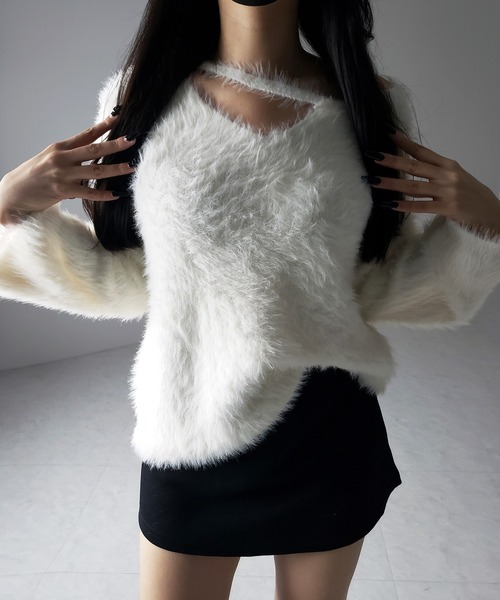 me+em select(ミームセレクト)の「※※【 3color 】ナナメストラップカットアウトシャギーニット / naname strap cutout shaggy knit(ニット/セーター・レディース・アイボリー/ブラック/グレー・FREE)」の8枚目の写真