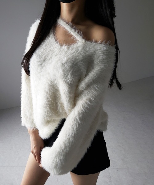 me+em select(ミームセレクト)の「※※【 3color 】ナナメストラップカットアウトシャギーニット / naname strap cutout shaggy knit(ニット/セーター・レディース・アイボリー/ブラック/グレー・FREE)」の5枚目の写真