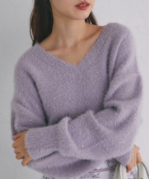 tocco closet(トッコ クローゼット)の「スパンコール入りフェザーニットプルオーバー(ニット/セーター・レディース・ラベンダー/ピンク/オフホワイト・M)」の14枚目の写真