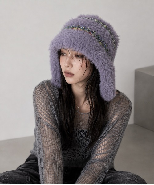 HIKA(ヒカ)の「【HIKA】モヘアボーダーニットCAP(ニットキャップ/ビーニー・レディース・ホワイト/ブラック/グレー/ブラウン系その他/パープル/ライトグレー・FREE)」の1枚目の写真