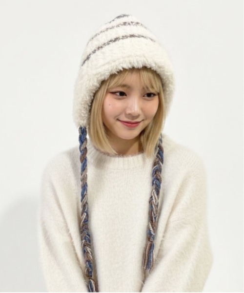 HIKA(ヒカ)の「【HIKA】モヘアボーダーニットCAP(ニットキャップ/ビーニー・レディース・ホワイト/ブラック/グレー/ブラウン系その他/パープル/ライトグレー・FREE)」の2枚目の写真