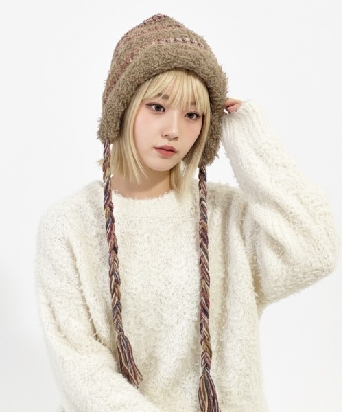 HIKA(ヒカ)の「【HIKA】モヘアボーダーニットCAP(ニットキャップ/ビーニー・レディース・ホワイト/ブラック/グレー/ブラウン系その他/パープル/ライトグレー・FREE)」の13枚目の写真