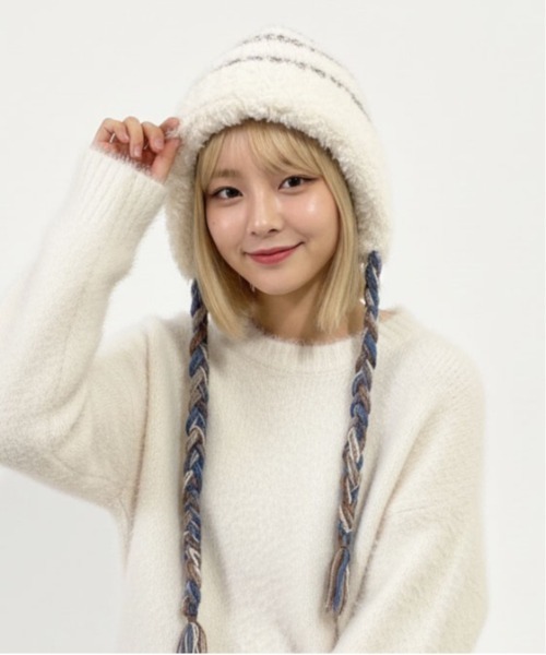 HIKA(ヒカ)の「【HIKA】モヘアボーダーニットCAP(ニットキャップ/ビーニー・レディース・ホワイト/ブラック/グレー/ブラウン系その他/パープル/ライトグレー・FREE)」の14枚目の写真
