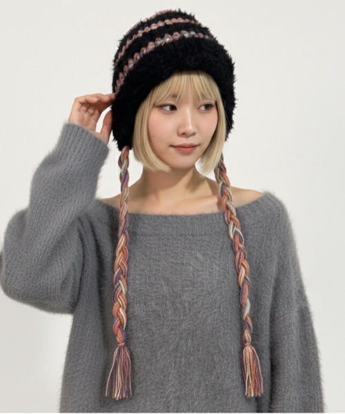 HIKA(ヒカ)の「【HIKA】モヘアボーダーニットCAP(ニットキャップ/ビーニー・レディース・ホワイト/ブラック/グレー/ブラウン系その他/パープル/ライトグレー・FREE)」の17枚目の写真