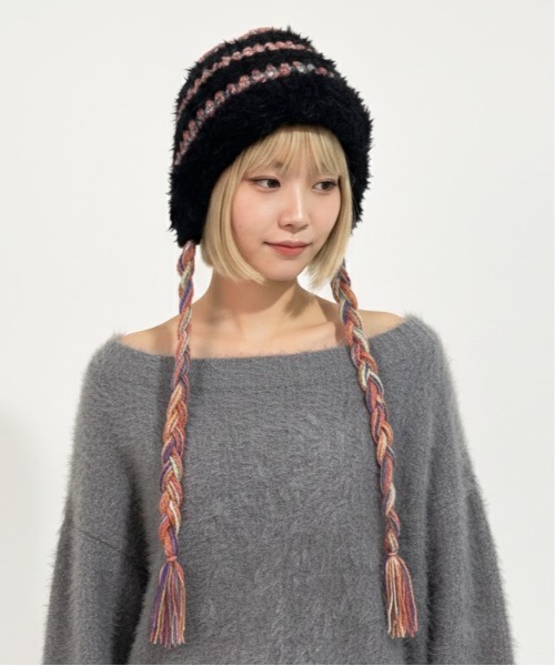 HIKA(ヒカ)の「【HIKA】モヘアボーダーニットCAP(ニットキャップ/ビーニー・レディース・ホワイト/ブラック/グレー/ブラウン系その他/パープル/ライトグレー・FREE)」の9枚目の写真