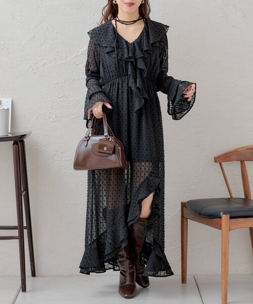 あんみつ姫　COHINA ソフトドビーアシメラッフルワンピース cahoさんコラボ】ソフトドビーアシメラッフルワンピース-short