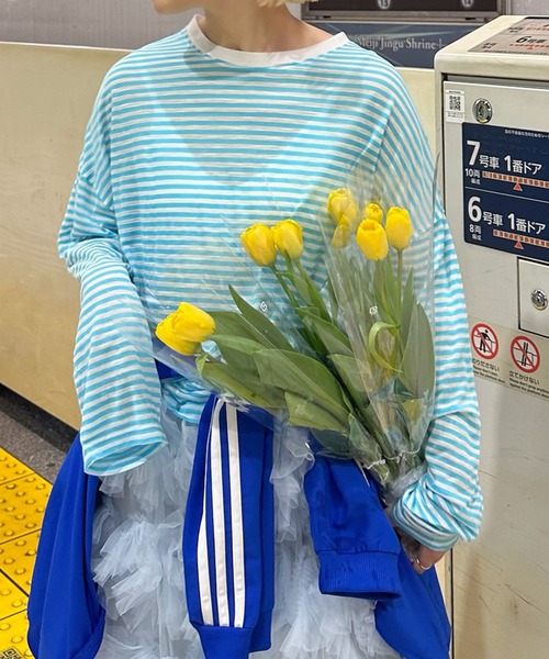 Alley Tokyo（アリートーキョー）の「シアーボーダーゆるロンT（Tシャツ/カットソー・レディース・ピンク/イエロー/ブラック/ブルー・FREE）」の3枚目の写真