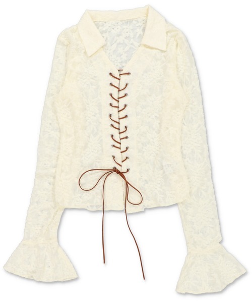 SPINNS（スピンズ）の「長袖スキッパ―シャツ/レース（シャツ/ブラウス・レディース・アイボリー/ブラック/ピンク系その他・ONESIZE）」の4枚目の写真