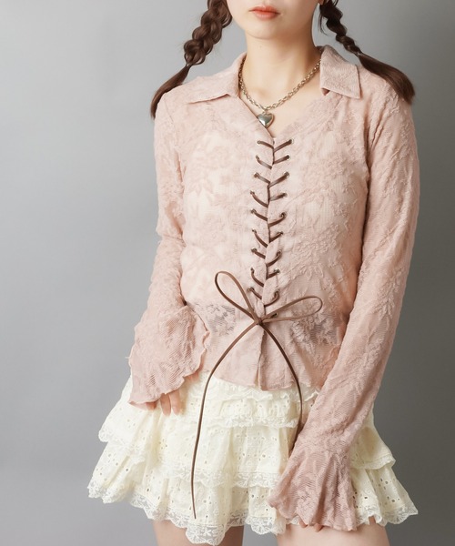 SPINNS（スピンズ）の「長袖スキッパ―シャツ/レース（シャツ/ブラウス・レディース・アイボリー/ブラック/ピンク系その他・ONESIZE）」の11枚目の写真