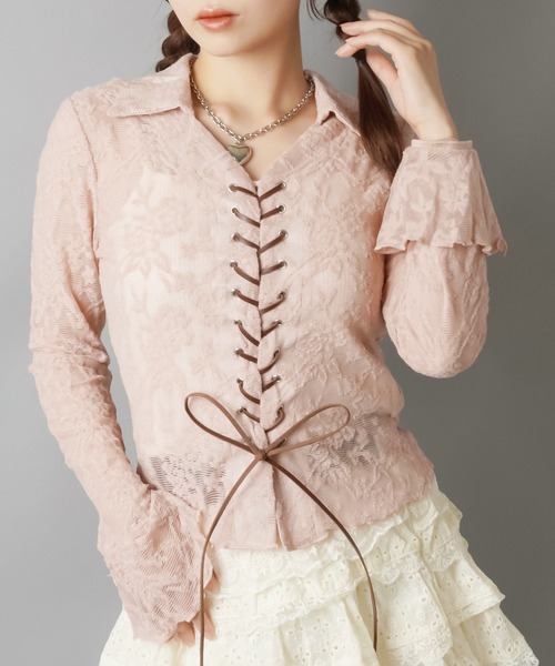 SPINNS（スピンズ）の「長袖スキッパ―シャツ/レース（シャツ/ブラウス・レディース・アイボリー/ブラック/ピンク系その他・ONESIZE）」の13枚目の写真