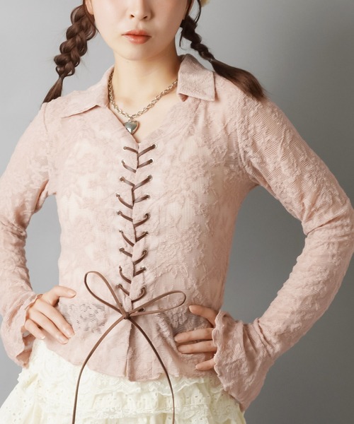 SPINNS（スピンズ）の「長袖スキッパ―シャツ/レース（シャツ/ブラウス・レディース・アイボリー/ブラック/ピンク系その他・ONESIZE）」の12枚目の写真