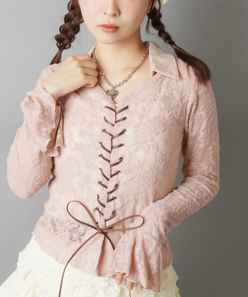 LAUREN リネン100% ボビンレース刺繍風 ピンタックシャツ スキッパー LAUREN リネン100% ボビンレース刺繍風 ピンタックシャツ スキッパー