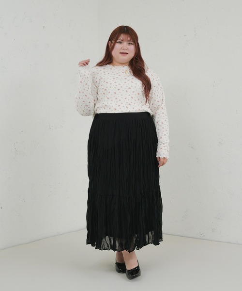 大きいサイズ】 ワッフル花柄プリントトップス（Tシャツ