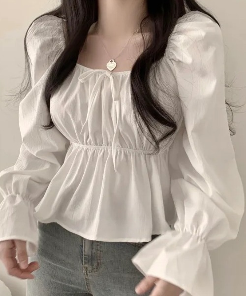 Mejoul（メジュール）の「2way リボンデザインギャザーボリュームスリーブ ペプラムブラウス（シャツ/ブラウス・レディース・ブラック/ホワイト・L/M）」の5枚目の写真