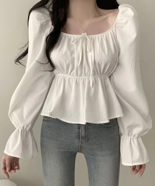 Mejoul（メジュール）の「2way リボンデザインギャザーボリュームスリーブ ペプラムブラウス（シャツ/ブラウス・レディース・ブラック/ホワイト・L/M）」の11枚目の写真