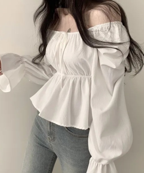 Mejoul（メジュール）の「2way リボンデザインギャザーボリュームスリーブ ペプラムブラウス（シャツ/ブラウス・レディース・ブラック/ホワイト・L/M）」の12枚目の写真
