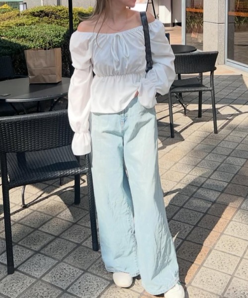 Mejoul（メジュール）の「2way リボンデザインギャザーボリュームスリーブ ペプラムブラウス（シャツ/ブラウス・レディース・ブラック/ホワイト・L/M）」の15枚目の写真