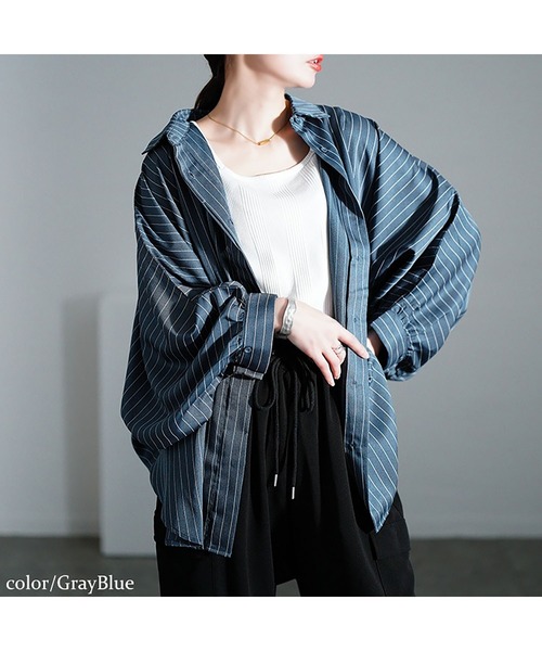 GOLDJAPAN(ゴールドジャパン)の「ピンストライプドルマンシャツ【大きいサイズ対応】(シャツ/ブラウス・レディース・ブラック/ブルーグレー・LL~3L)」の15枚目の写真