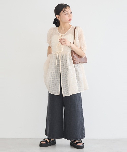 earth music&ecology(アースミュージックアンドエコロジー)の「【WEB限定/前後2WAY】シアーパフチュニック(チュニック・レディース・アイボリー/グレー/ピンク/ライトブルー・FREE)」の8枚目の写真