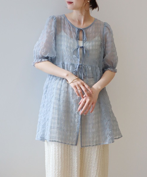 earth music&ecology(アースミュージックアンドエコロジー)の「【WEB限定/前後2WAY】シアーパフチュニック(チュニック・レディース・アイボリー/グレー/ピンク/ライトブルー・FREE)」の18枚目の写真