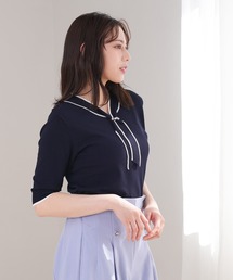 パール付き配色ボウタイプルオーバー
