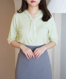 パール付き配色ボウタイプルオーバー