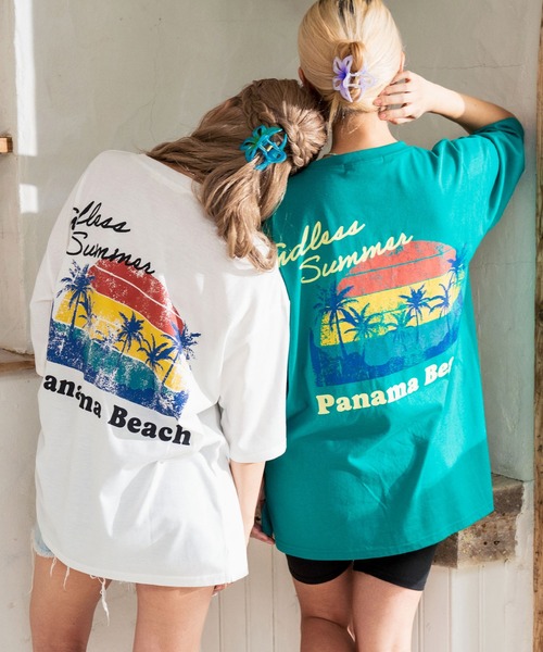 anap mimpi(アナップミンピ)の「ビーチ グラフィック プリント ポケット ビッグ Tシャツ(Tシャツ/カットソー・レディース・ブルー系その他/オフホワイト/ブラック・FREE)」の2枚目の写真