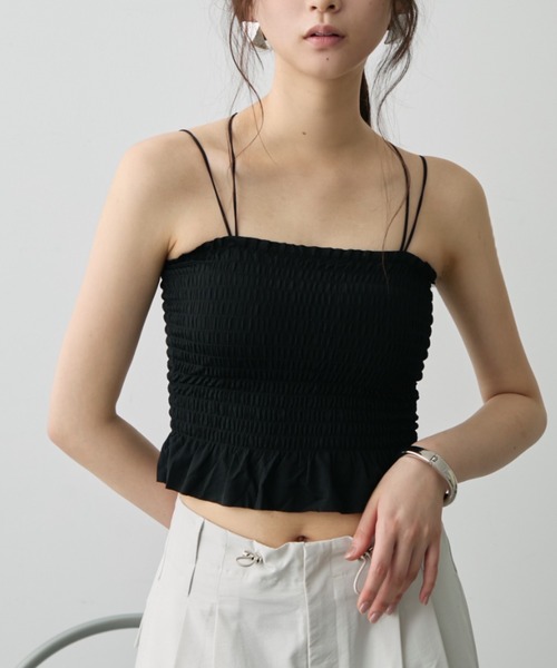 #2182-黒　【専用】　M3枚　シャーリングベアトップ　ブラック　ダンス セール】カップinシャーリングベアトップ（キャミソール