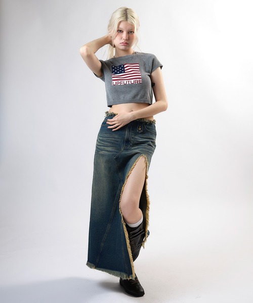 フロントスリットダメージデニムロングスカート（デニムスカート