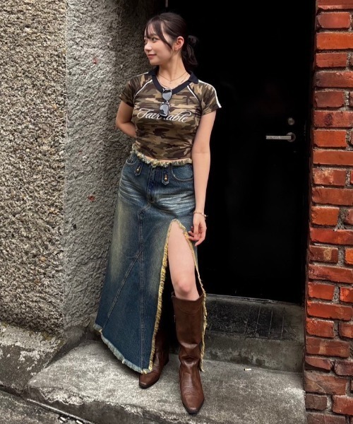 フロントスリットダメージデニムロングスカート（デニムスカート