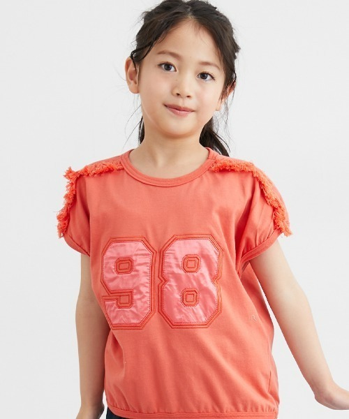 肩フリンジ使いサテンナンバーアップリケTシャツ（女の子）（T