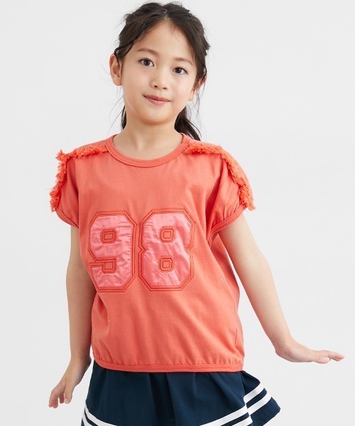 肩フリンジ使いサテンナンバーアップリケTシャツ（女の子）（T